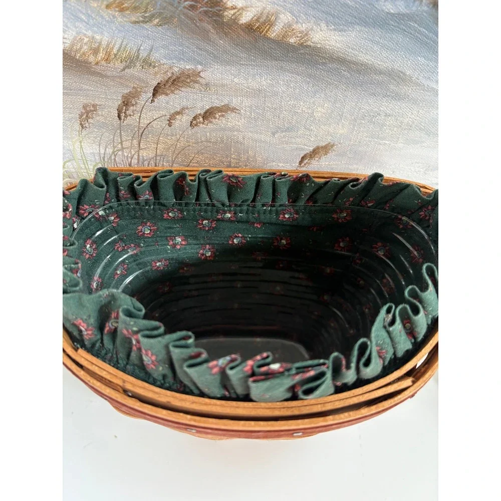 Longaberger 1993 Handwoven Basket Wall Hanging Green Floral Liner Protector